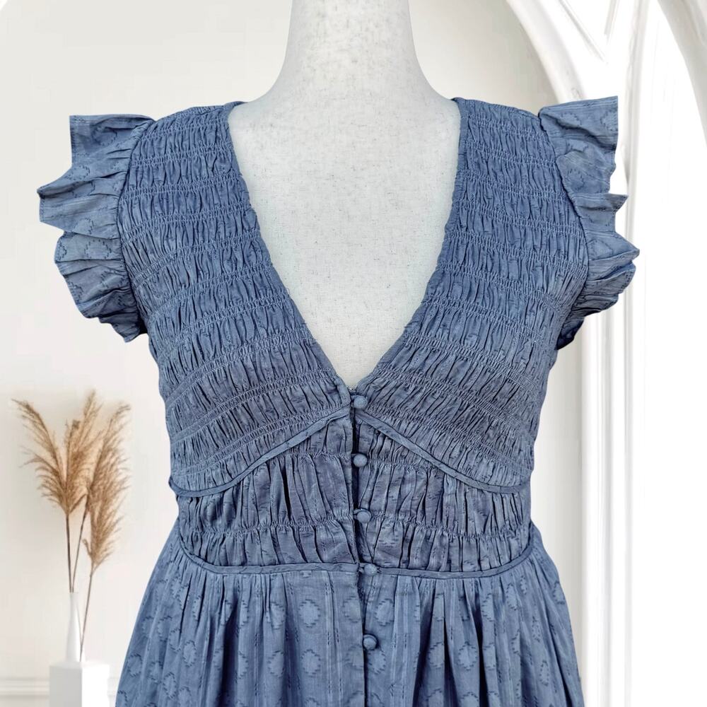 Anthropologie The Peregrine Blue Smocked Midi Dress Ruffle Sleeve Button Front L - Picture 6 of 8